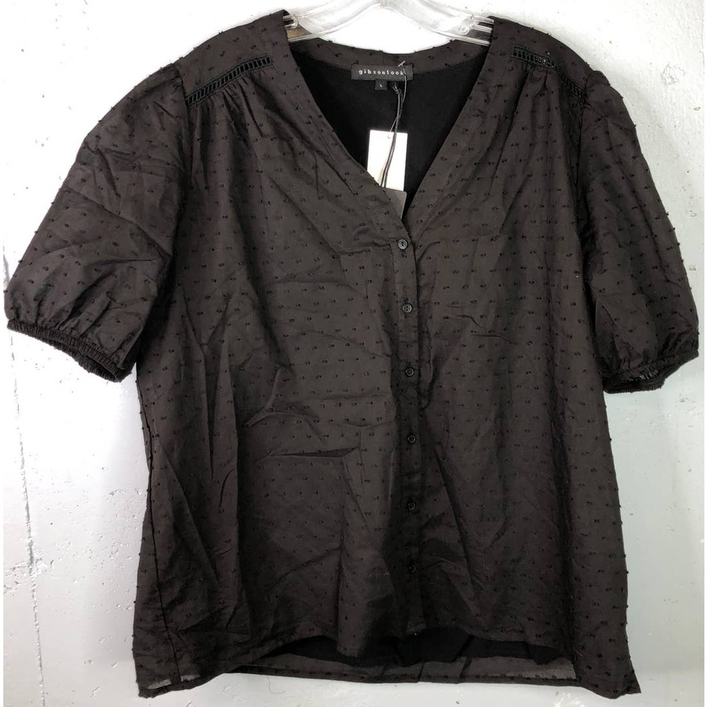 Gibson Look Textured Top with Puffy‎ Short Sleeves, Black, Sz L